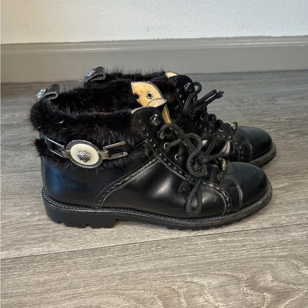 Mauri Italian Fur Trim Combat Boots Black Leather Medusa Lion Hardware 8M LUXURY